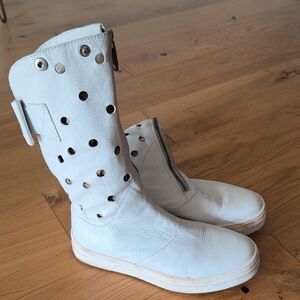 White Perforated Leather Mid-Calf Women's Boots